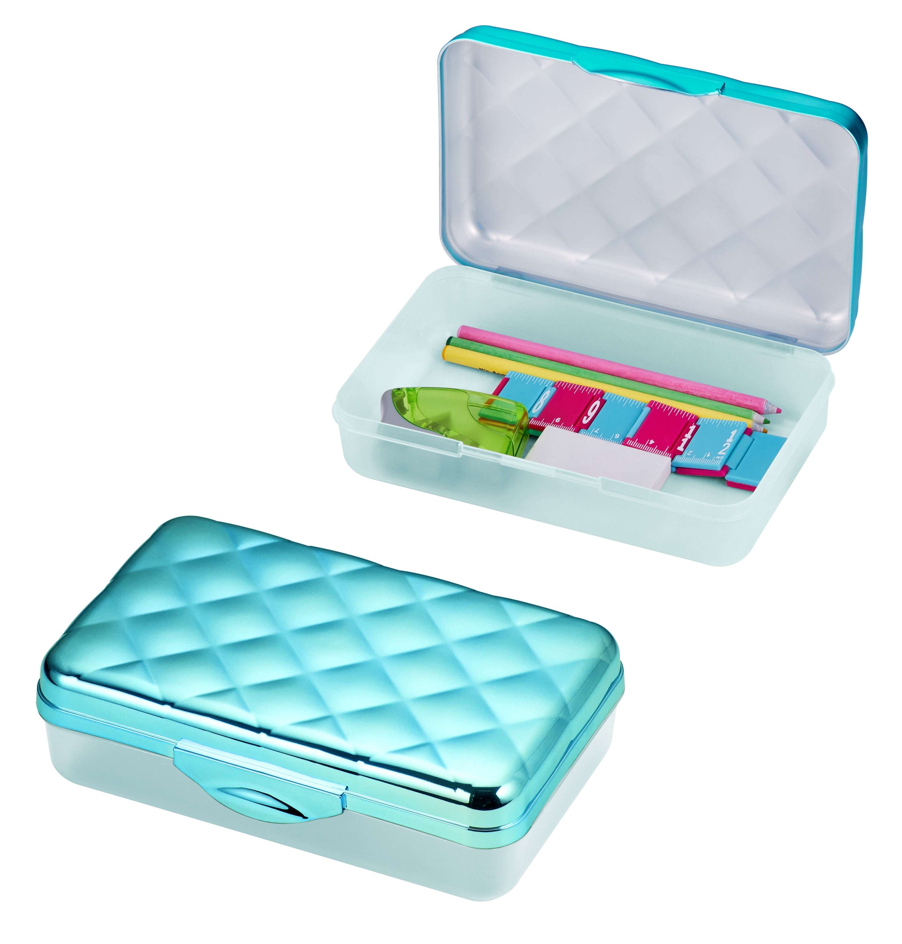 Turquoise Quilted Metallic Hard Plastic Pencil Case Box