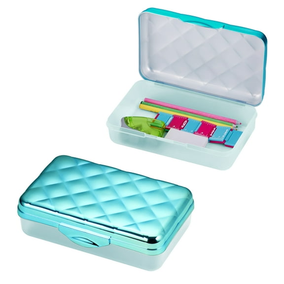 It's Academic Metallic Pencil Case Box, Hard Plastic, Stylish Quilted-Pattern Lid, Blue