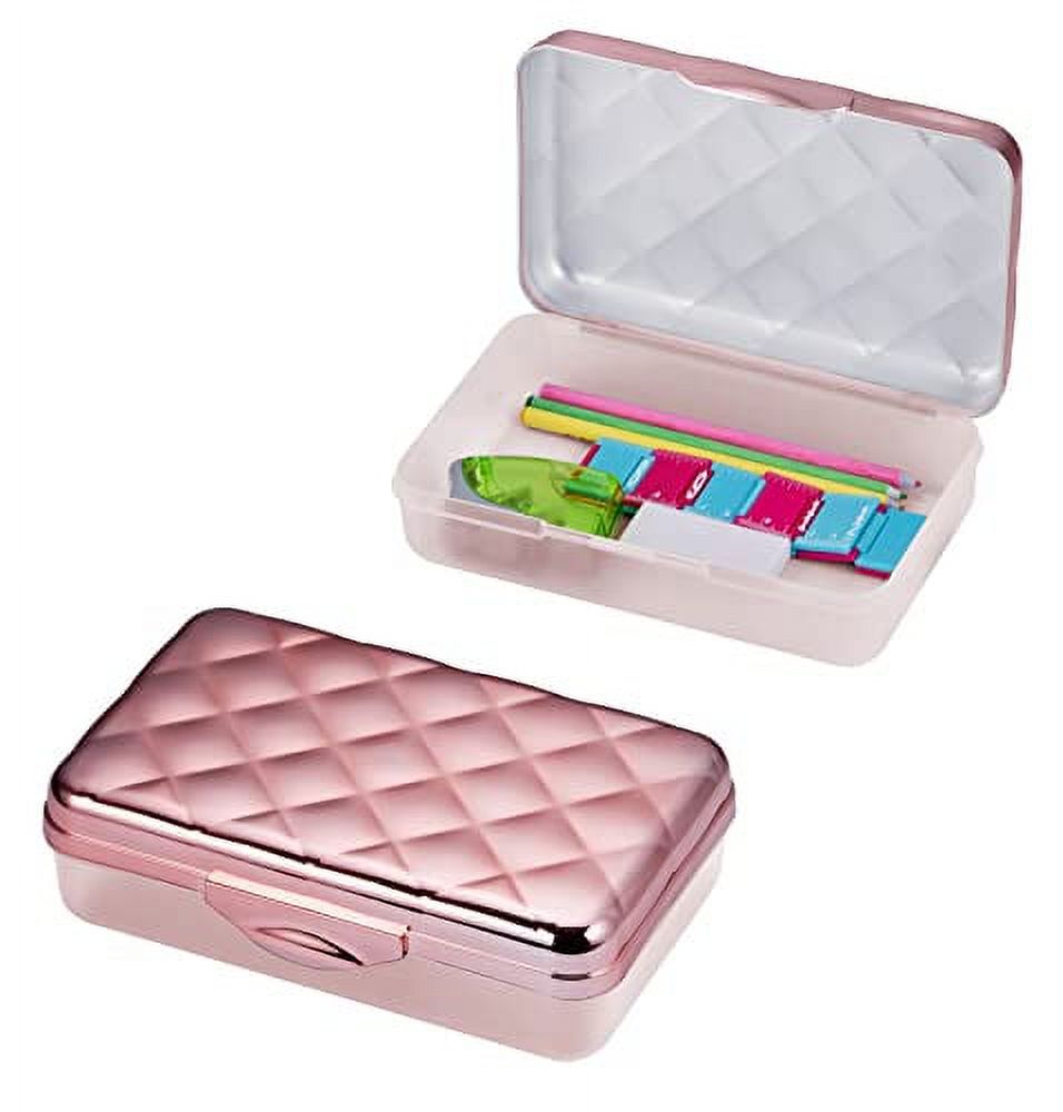 It's Academic Metallic Pencil Case Box, Hard Plastic, Stylish Quilted-Pattern Lid, Rose Gold