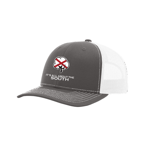 It's All About The South Alabama State Flag Filled Cotton Boll Mesh Back Trucker Hat-Charcoal/White