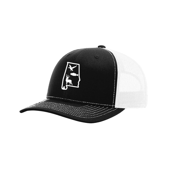 It's All About The South Alabama State Outline With Wildlife Animals Mesh Back Trucker Hat-Black/White