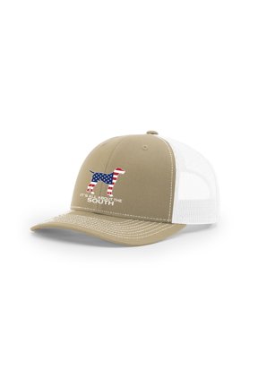 American Flag Filled Pointer Mesh Back Trucker Hat-Khaki/White