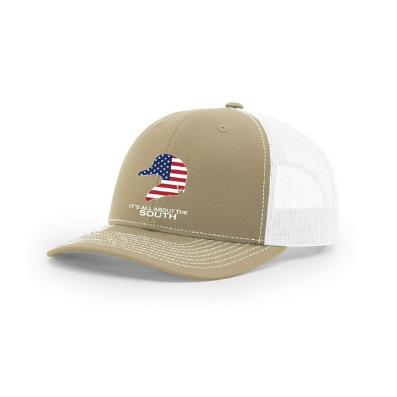 It's All About The South American Flag Filled Wood Duck Mesh Back Trucker Hat-Khaki/White