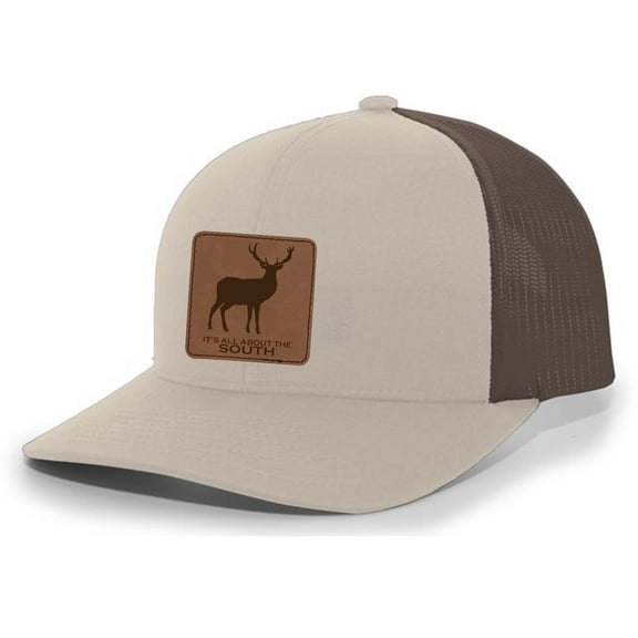 It's All About The South Deer Laser Engraved Leather Patch Trucker Hat Baseball Cap, Khaki/Brown