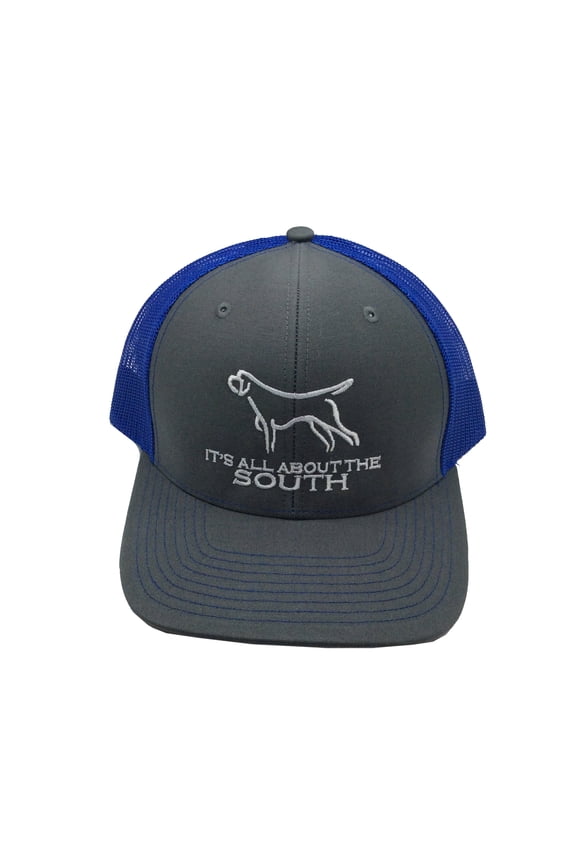 Dog Outline Snapback Hat- Charcoal/Blue Mesh