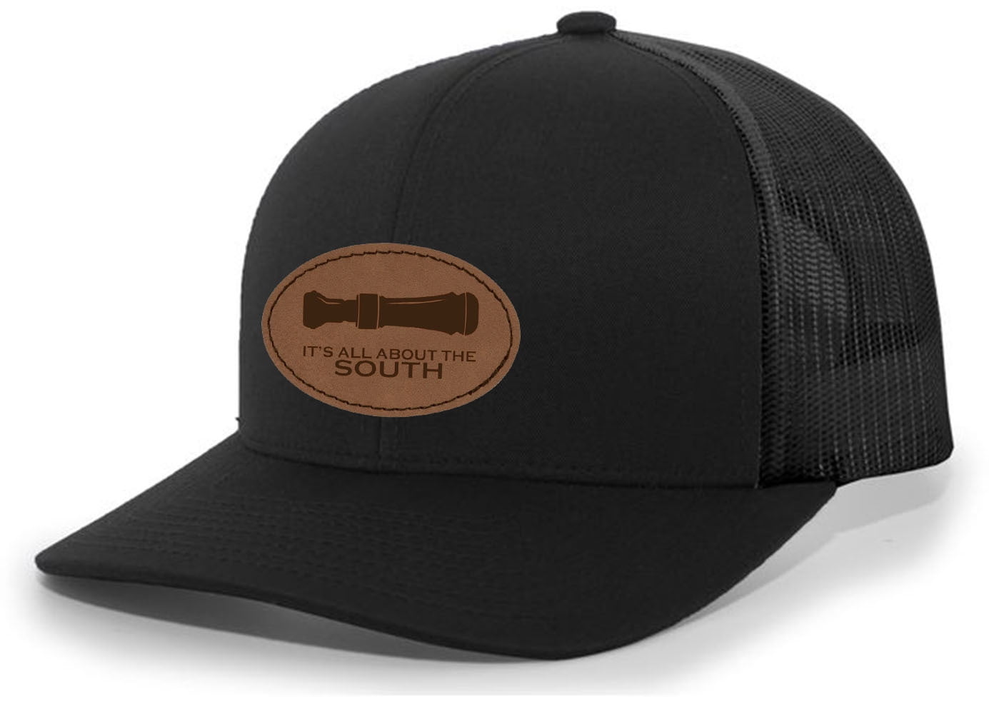 It's All About The South Duck Hunting Duck Call Laser Engraved Leather Patch Trucker Hat Baseball Cap, Black/Black