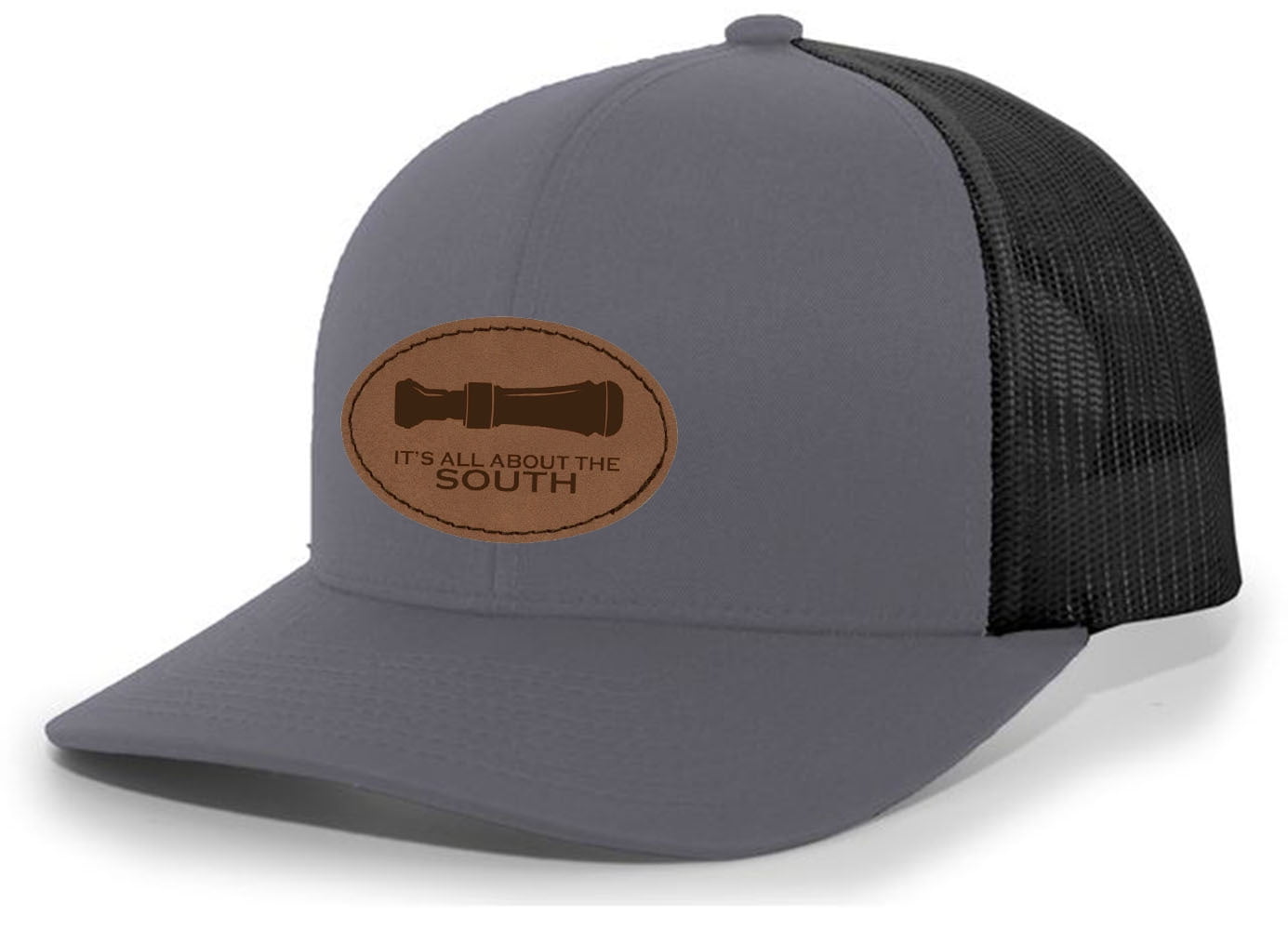 It's All About The South Duck Hunting Duck Call Laser Engraved Leather Patch Trucker Hat Baseball Cap, Charcoal/Black