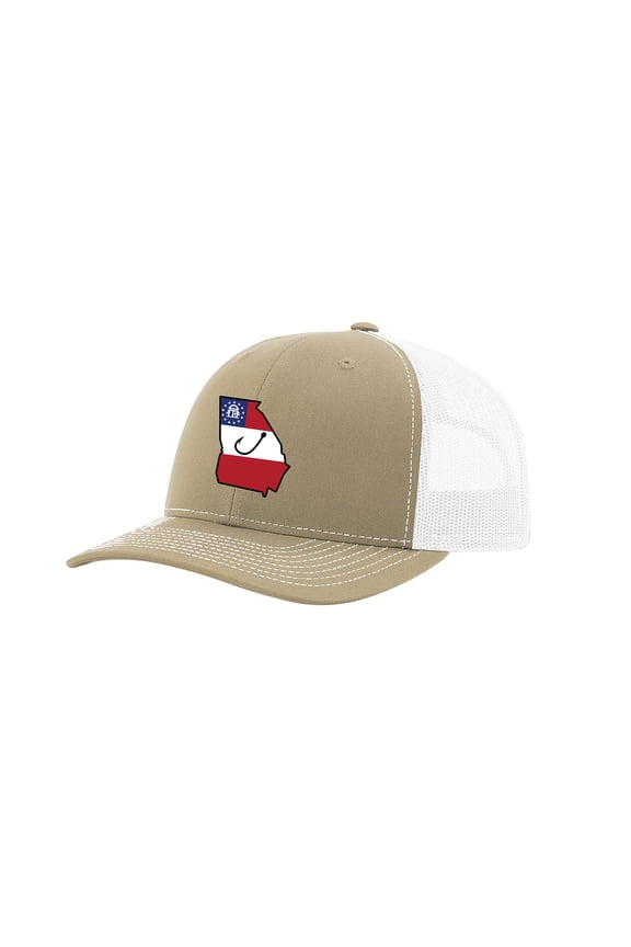Flag Filled Georgia State With Fish Hook Mesh Back Trucker Hat-Khaki/White