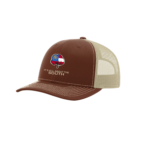 It's All About The South Georgia Flag FIlled Cotton Boll Mesh Back Trucker Hat-Brown/Khaki
