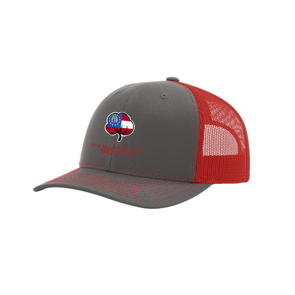 It's All About The South Georgia Flag FIlled Cotton Boll Mesh Back Trucker Hat-Charcoal/Red