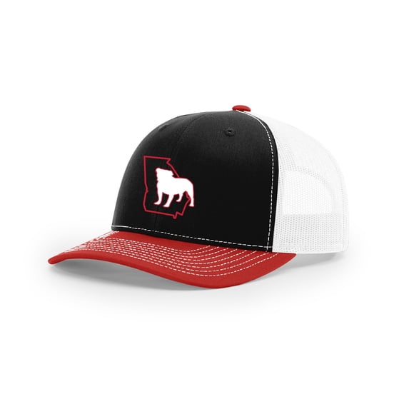 It's All About The South Georgia Outline With Bulldog Mesh Back Trucker Hat-Black/Red/White