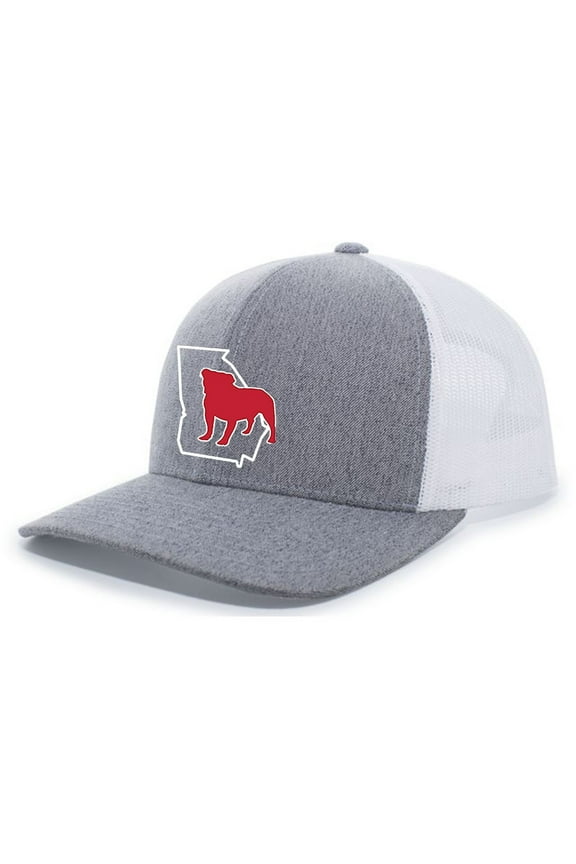 Georgia Outline With Bulldog Mesh Back Trucker Hat-Heather Grey/White