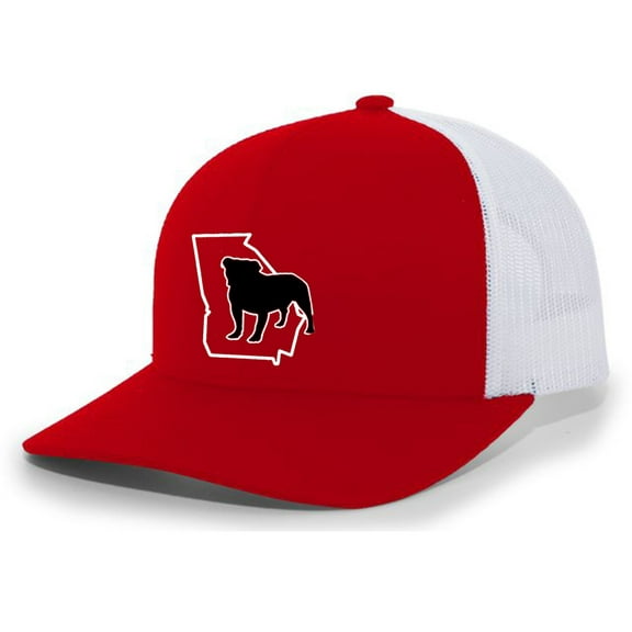It's All About The South Georgia Outline With Bulldog Mesh Back Trucker Hat-Red/White