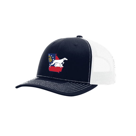 It's All About The South Georgia State Flag and Dog Mesh Back Trucker Hat-Navy/White