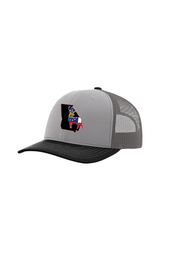 Georgia State with Flag Filled Buck Mesh Back Trucker Hat-Charcoal/Black