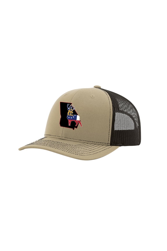 Georgia State with Flag Filled Buck Mesh Back Trucker Hat-Khaki/Coffee