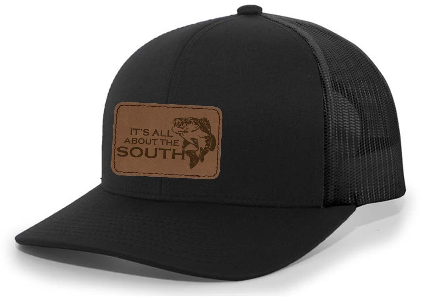 It's All About The South Jumping Bass Fishing Laser Engraved Leather Patch  Trucker Hat Baseball Cap, Cardinal/White 