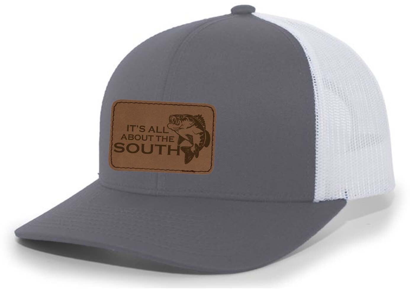 It's All About The South Jumping Bass Fishing Laser Engraved Leather Patch  Trucker Hat Baseball Cap, Charcoal/Black 