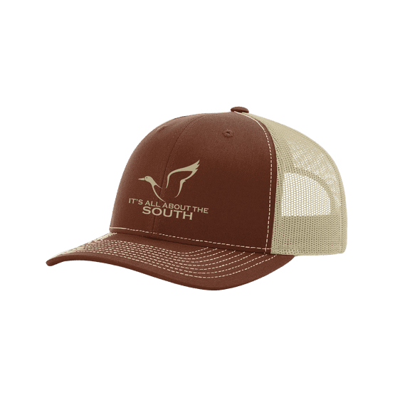 It's All About The South Mallard Outline Mesh Back Trucker Hat-Brown/Khaki