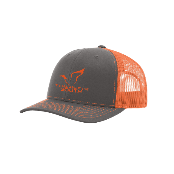 It's All About The South Mallard Outline Mesh Back Trucker Hat-Charcoal/Orange Sherbert
