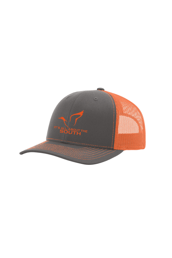 Mallard Outline Mesh Back Trucker Hat-Charcoal/Orange Sherbert