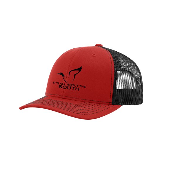 It's All About The South Mallard Outline Mesh Back Trucker Hat-Red/Black