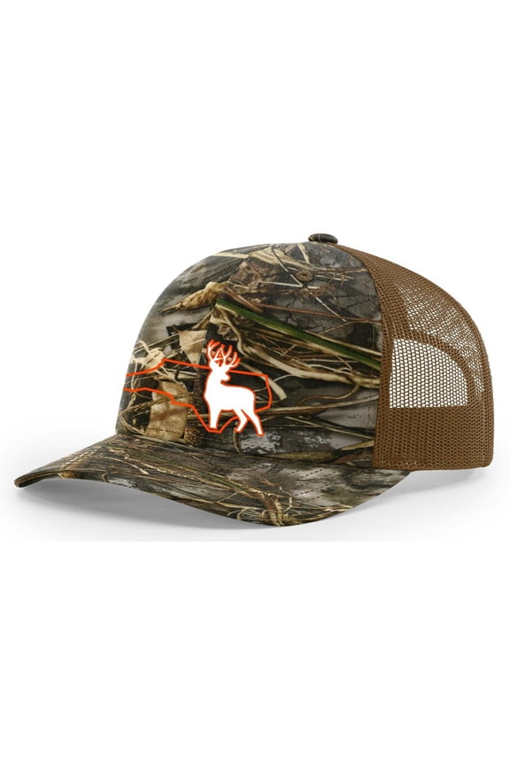 North Carolina Flag Filled State Outline With Deer Mesh Back Trucker Hat-Blades Camo/Buck