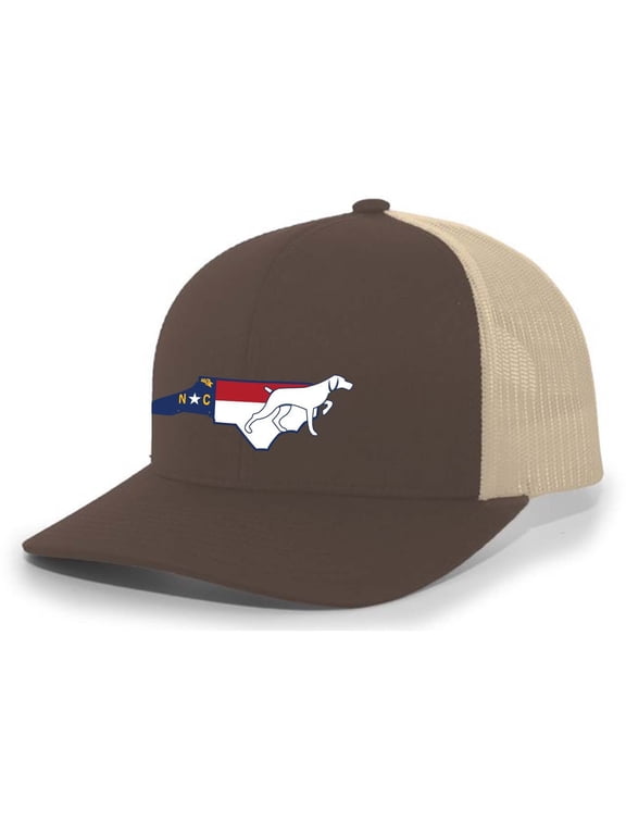 North Carolina Flag Filled State Outline With Pointer Mesh Back Trucker Hat-Brown/Khaki