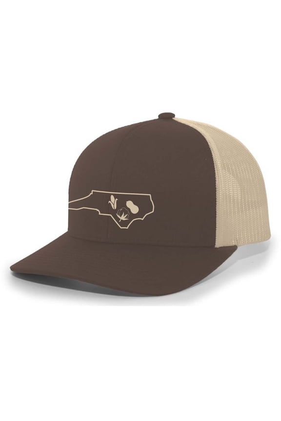 North Carolina State Outline With Crops Mesh Back Trucker Hat-Brown/Khaki
