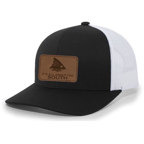 It's All About The South Redfish Fin Laser Engraved Leather Patch Trucker Hat Baseball Cap, Black/White