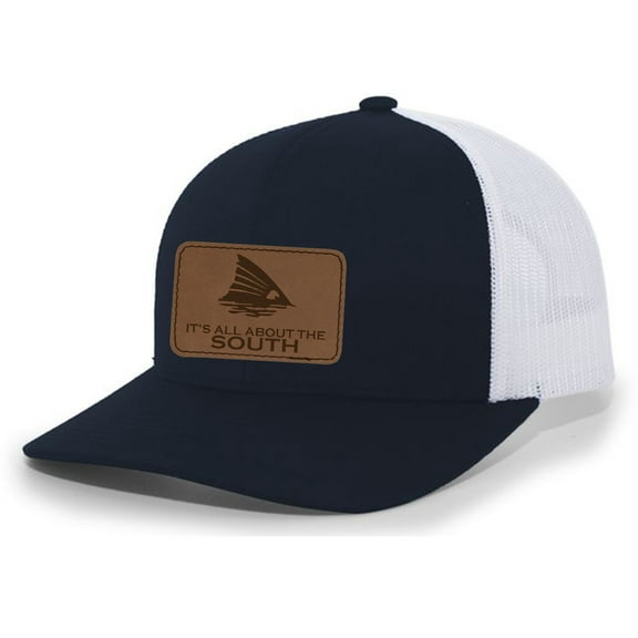 It's All About The South Redfish Fin Laser Engraved Leather Patch Trucker Hat Baseball Cap, Navy/White