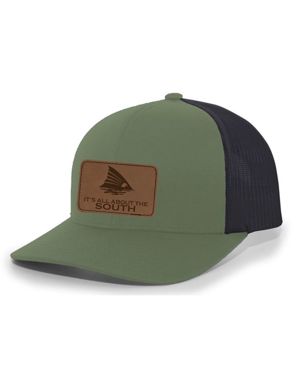 Redfish Fin Laser Engraved Leather Patch Trucker Hat Baseball Cap, Loden/Black