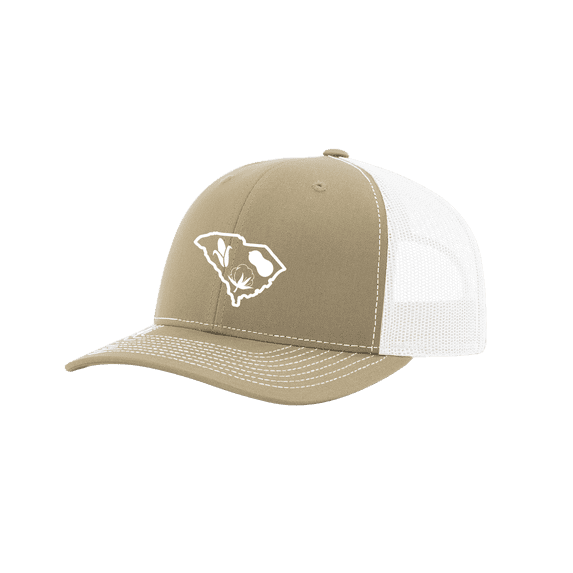 It's All About The South South Carolina State Outline With Crops Mesh Back Trucker Hat-Khaki/White