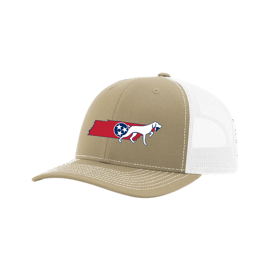 It's All About The South Tennessee State Flag Filled and Dog Mesh Back Trucker Hat-Khaki/White