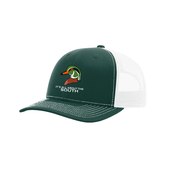 It's All About The South Wood Duck Mesh Back Trucker Hat-Forest Green/White