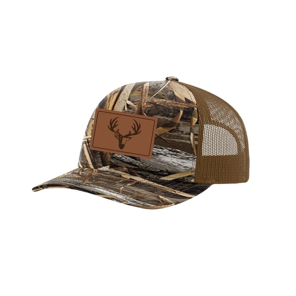 It's All About the South Deer Antlers Georgia Flag Laser Engraved Leather Patch Trucker Hat, Blades Camo