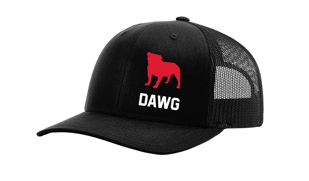It's All About the South Football in Georgia Bulldog Dawg Embroidered Mesh Back Trucker Hat, Black/Black