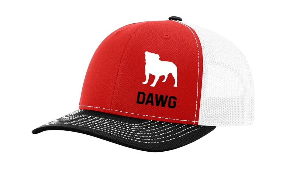 It's All About the South Football in Georgia Bulldog Dawg Embroidered Mesh Back Trucker Hat, Red/Black/White