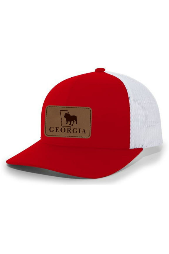 Georgia Football Bulldog Laser Engraved Leather Patch Trucker Hat, Red/White