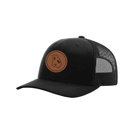 It's All About the South Georgia Outline With Crops Laser Engraved Leather Patch Trucker Hat, Black/Black