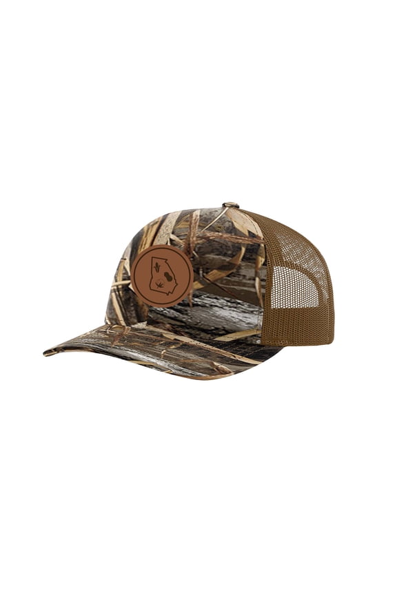 Georgia Outline With Crops Laser Engraved Leather Patch Trucker Hat, Blades Camo