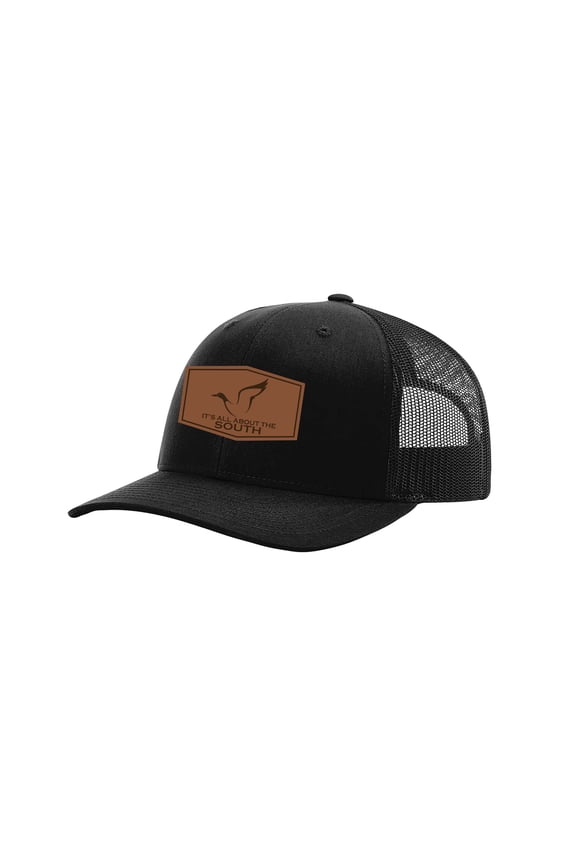 Mallard Outline Laser Engraved Leather Patch Trucker Hat, Black/Black