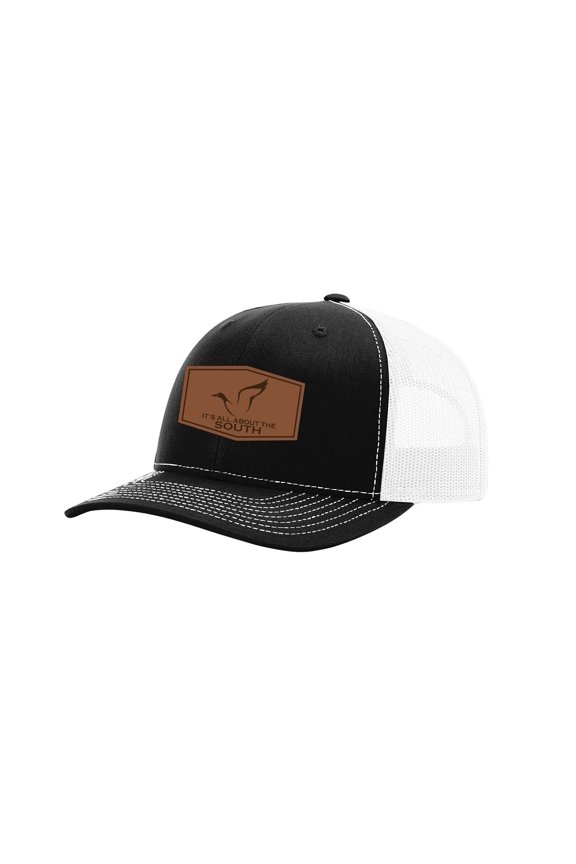Mallard Outline Laser Engraved Leather Patch Trucker Hat, Black/White