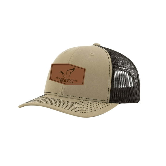 It's All About the South Mallard Outline Laser Engraved Leather Patch Trucker Hat, Khaki/Coffee