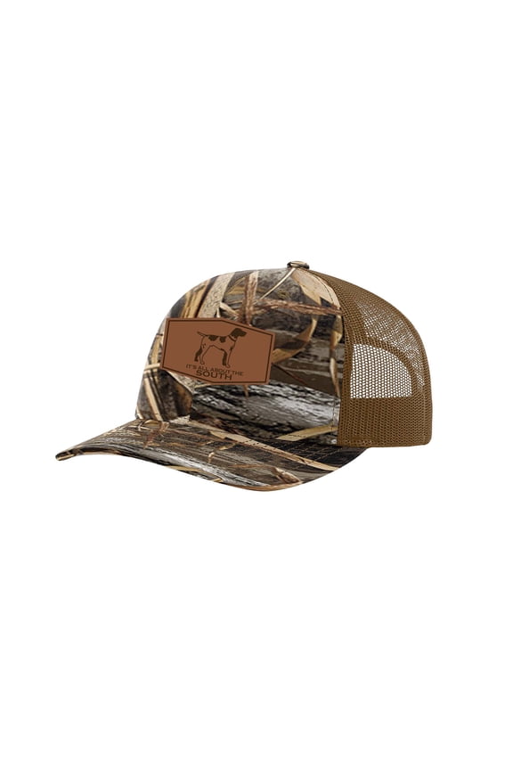 Pointer Outline Laser Engraved Leather Patch Trucker Hat, Blades Camo