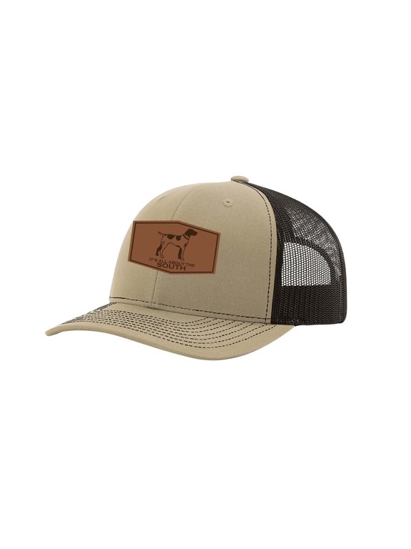 Pointer Outline Laser Engraved Leather Patch Trucker Hat, Khaki/Coffee