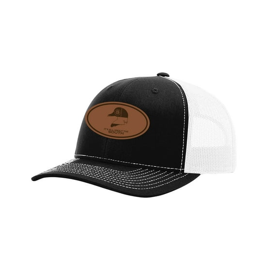 It's All About the South Wood Duck Georgia Flag Laser Engraved Leather Patch Trucker Hat, Black/White