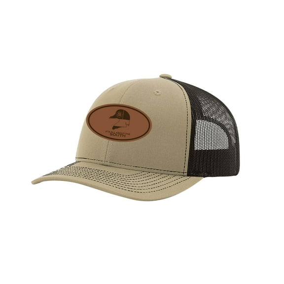 It's All About the South Wood Duck Georgia Flag Laser Engraved Leather Patch Trucker Hat, Khaki/Coffee
