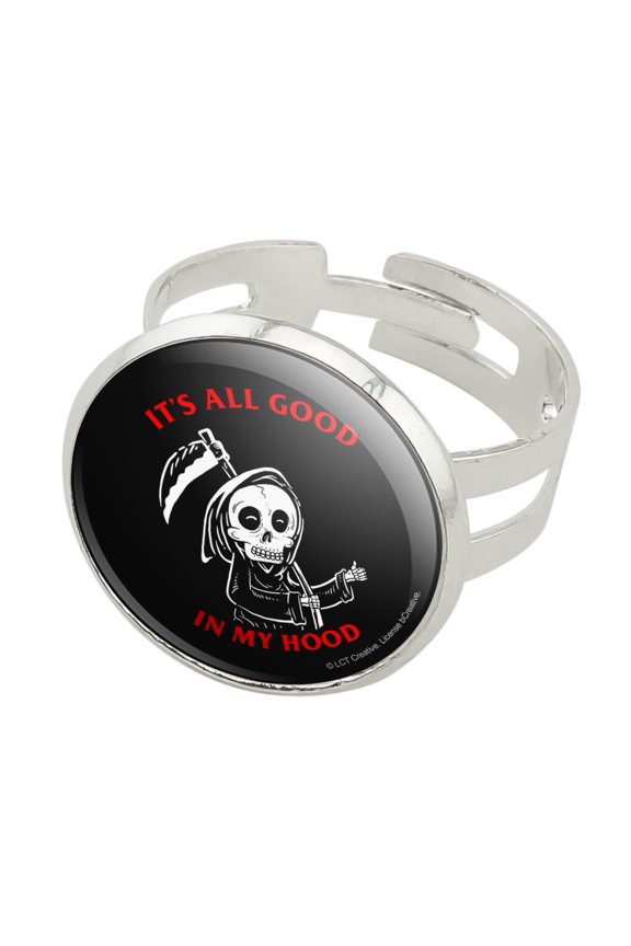 It's All Good In My Hood Death Grim Reaper Funny Humor Silver Plated Adjustable Novelty Ring
