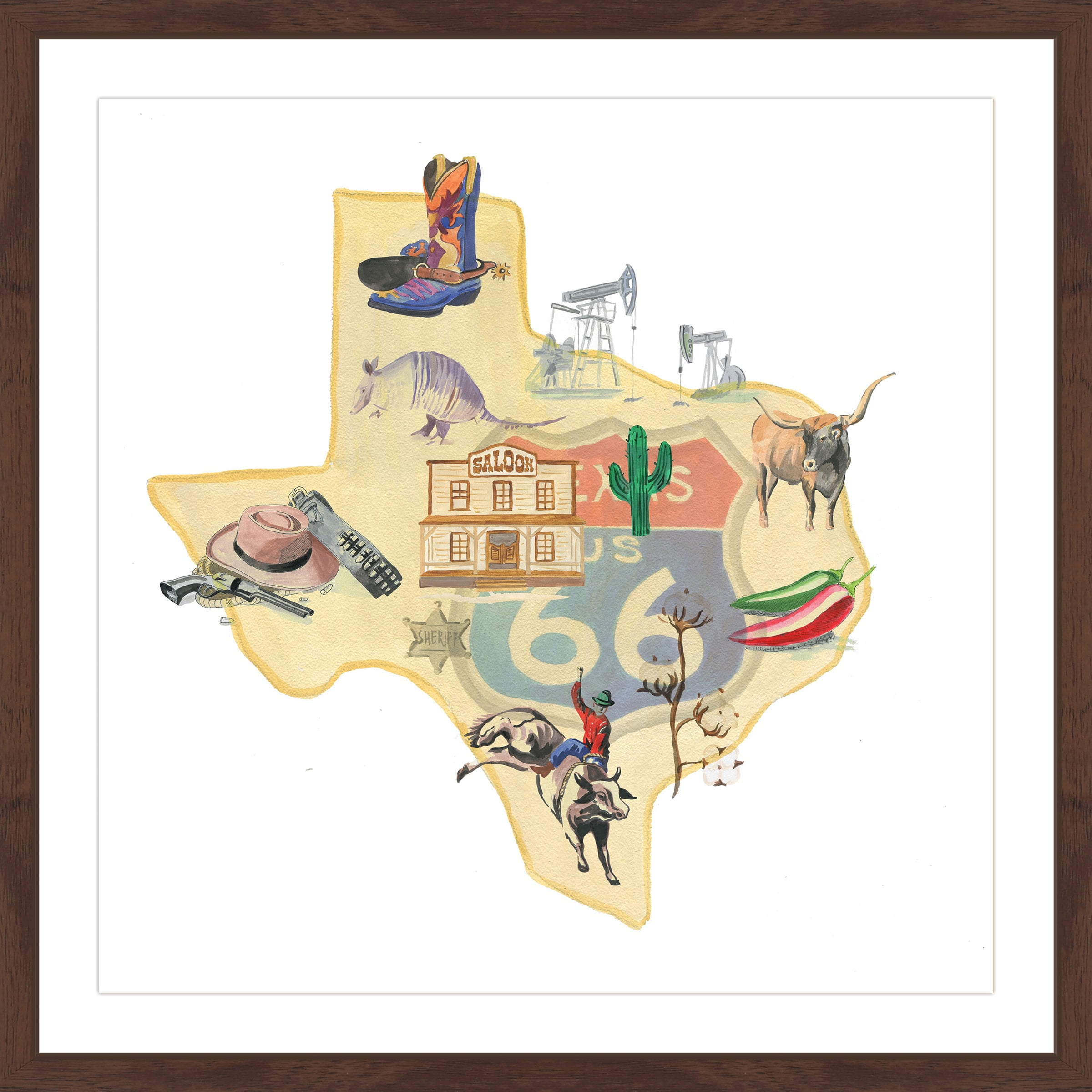 Large Framed Texas State Map Print on Canvas